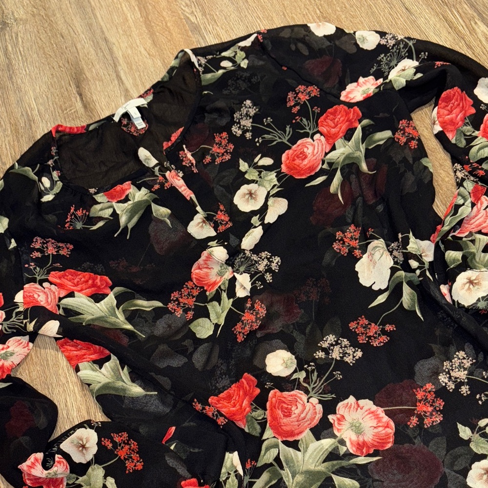 Joie Black Blouse with Red and White Floral Accents